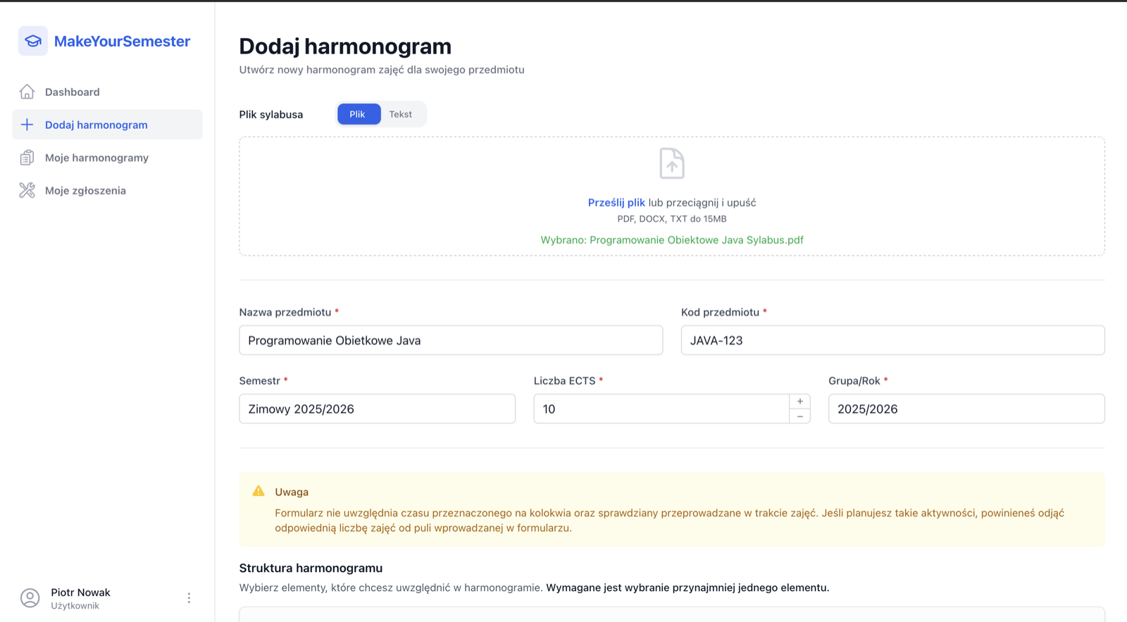Formularz tworzenia harmonogramu