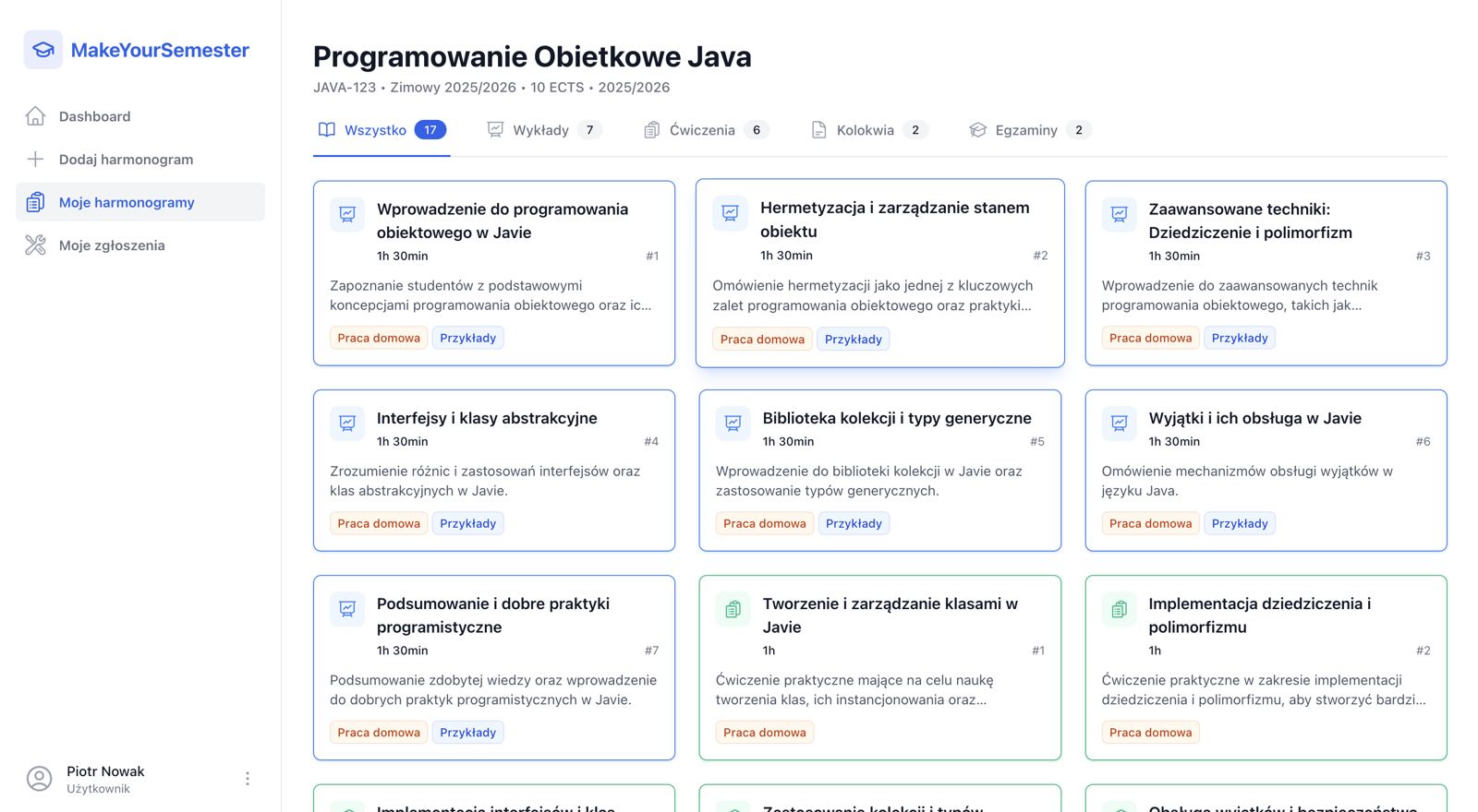 MakeYourSemester - widok harmonogramu